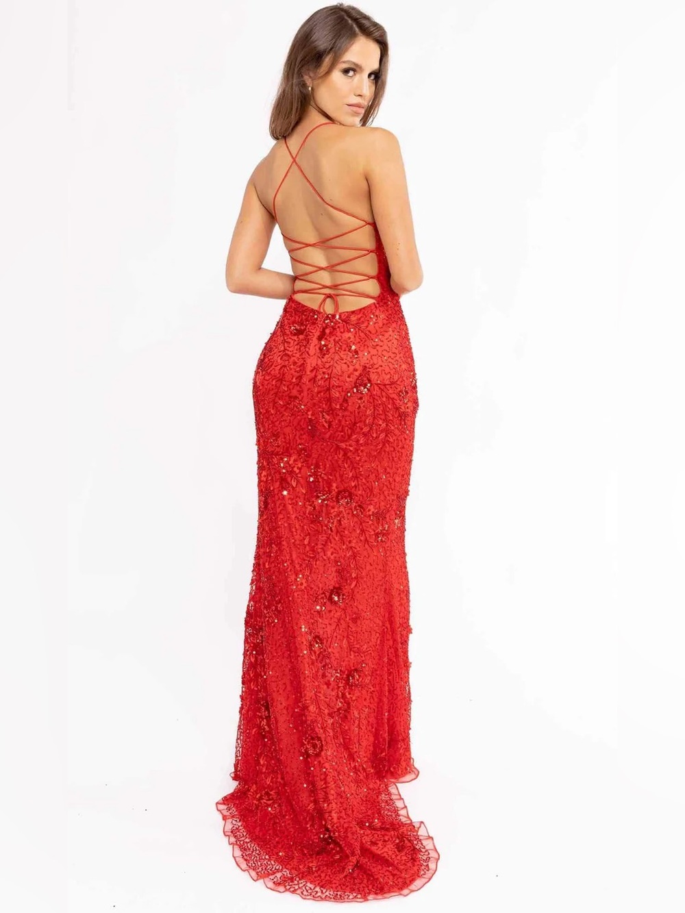 Primavera couture Red Lace Backless Evening Gown size 0